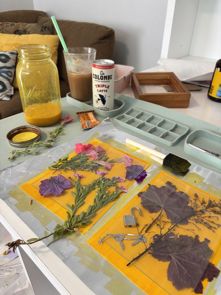 Pressed flowers and leaves arranged on sheets of yellow contact paper on a work table, with an iced coffee nearby
